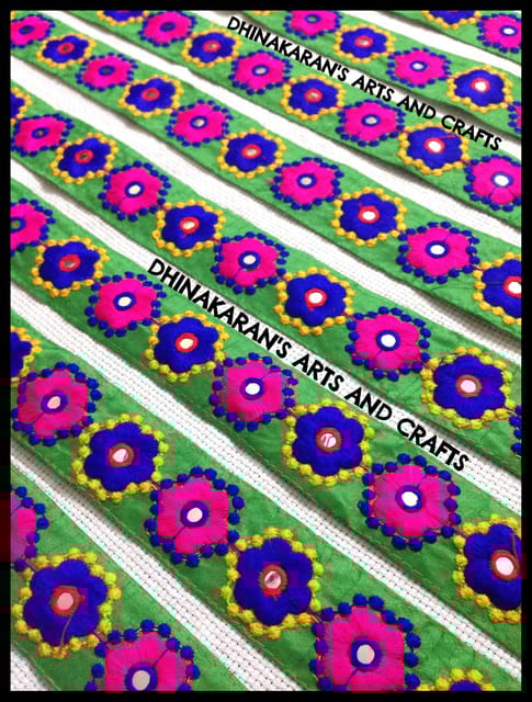 Happy Flowers Mirrorwork Border - GREEN