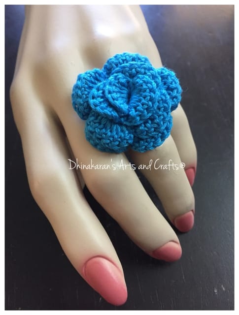Cool Blue Rose Crochet Finger Ring