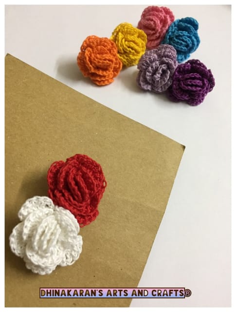 Twin Rose Crochet Brooch Pin-RED & WHITE