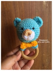 Blue Teddy Bear Crochet Baby Ring Rattle