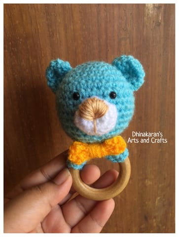 Blue Teddy Bear Crochet Baby Ring Rattle