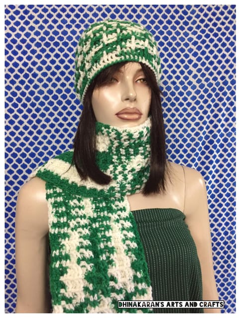 Green n White Crochet Hat & Scarf Set