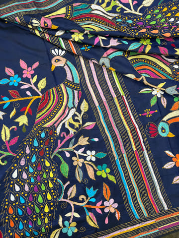 PEACOCK Kanthawork Saree - NAVY BLUE