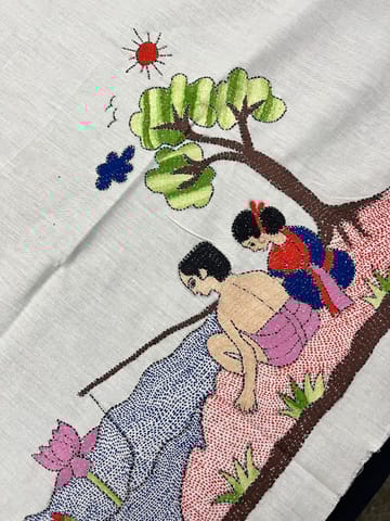 Fishing by the River Side Kanthawork Blouse Piece