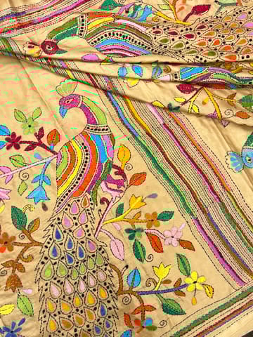 Peaocock Kanthawork Saree - BEIGE