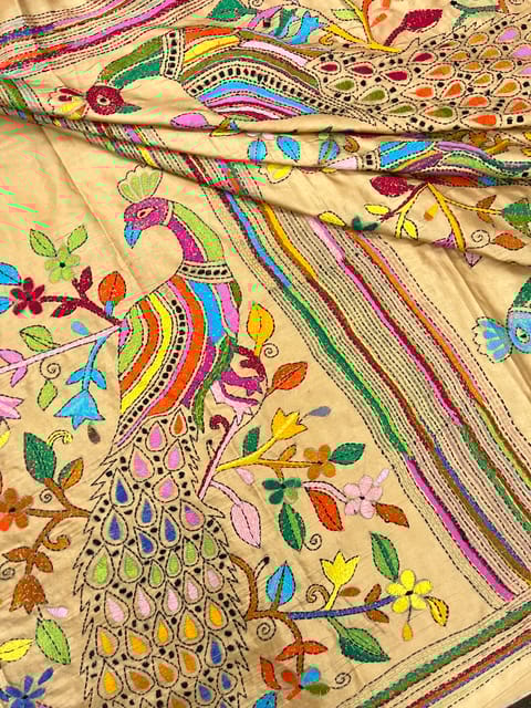 Peaocock Kanthawork Saree - BEIGE